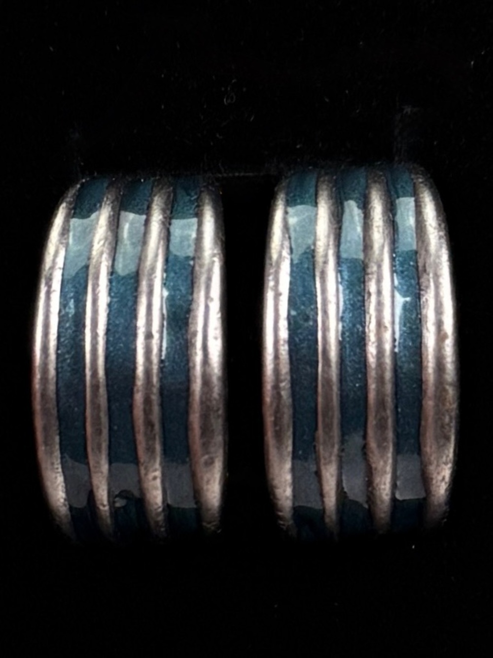 Vintage Silvertone and Blue Hoop Clip On Earrings